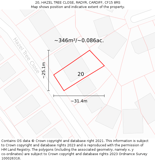 20, HAZEL TREE CLOSE, RADYR, CARDIFF, CF15 8RS: Plot and title map