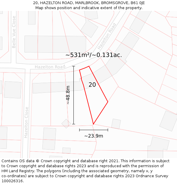 20, HAZELTON ROAD, MARLBROOK, BROMSGROVE, B61 0JE: Plot and title map