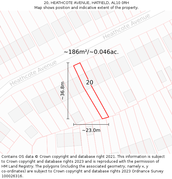 20, HEATHCOTE AVENUE, HATFIELD, AL10 0RH: Plot and title map
