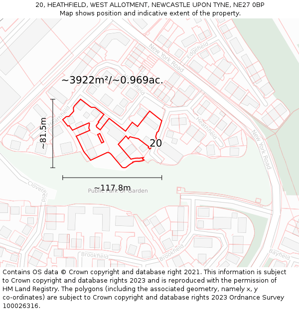 20, HEATHFIELD, WEST ALLOTMENT, NEWCASTLE UPON TYNE, NE27 0BP: Plot and title map