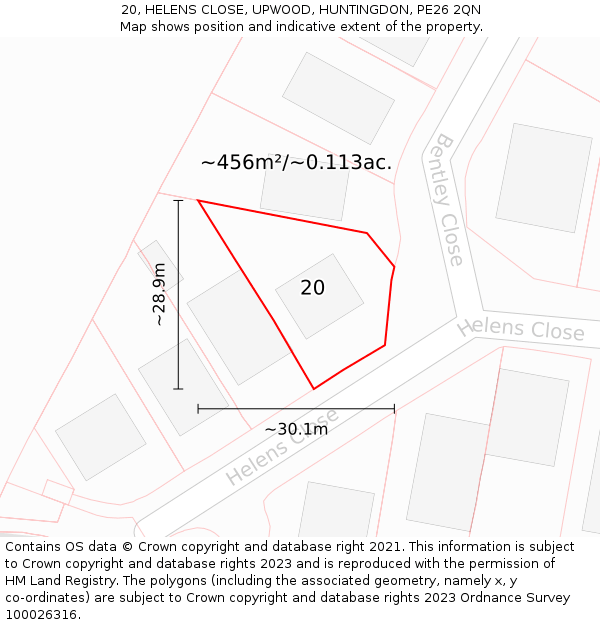 20, HELENS CLOSE, UPWOOD, HUNTINGDON, PE26 2QN: Plot and title map