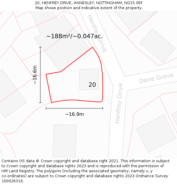 20, HENFREY DRIVE, ANNESLEY, NOTTINGHAM, NG15 0EF: Plot and title map