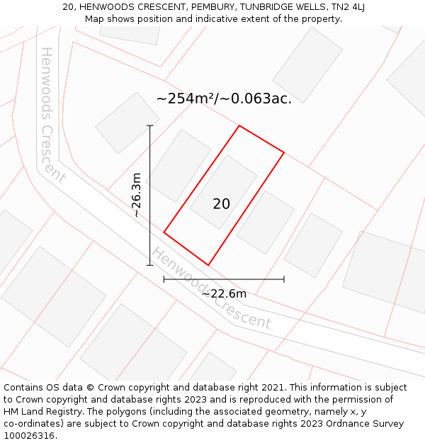 20, HENWOODS CRESCENT, PEMBURY, TUNBRIDGE WELLS, TN2 4LJ: Plot and title map