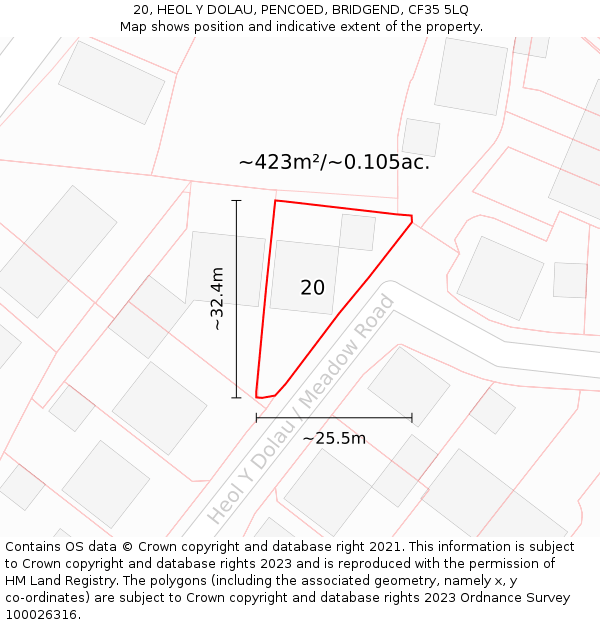 20, HEOL Y DOLAU, PENCOED, BRIDGEND, CF35 5LQ: Plot and title map