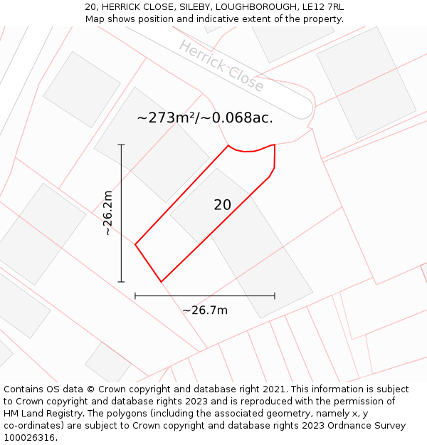 20, HERRICK CLOSE, SILEBY, LOUGHBOROUGH, LE12 7RL: Plot and title map