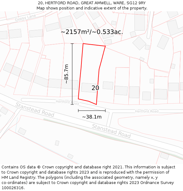 20, HERTFORD ROAD, GREAT AMWELL, WARE, SG12 9RY: Plot and title map