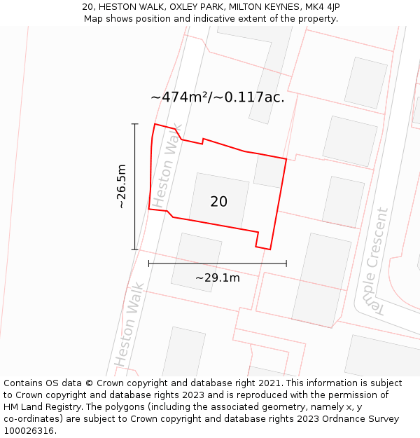 20, HESTON WALK, OXLEY PARK, MILTON KEYNES, MK4 4JP: Plot and title map