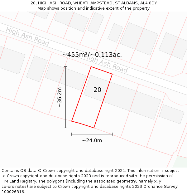 20, HIGH ASH ROAD, WHEATHAMPSTEAD, ST ALBANS, AL4 8DY: Plot and title map