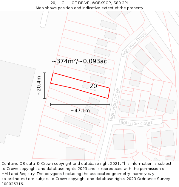 20, HIGH HOE DRIVE, WORKSOP, S80 2PL: Plot and title map