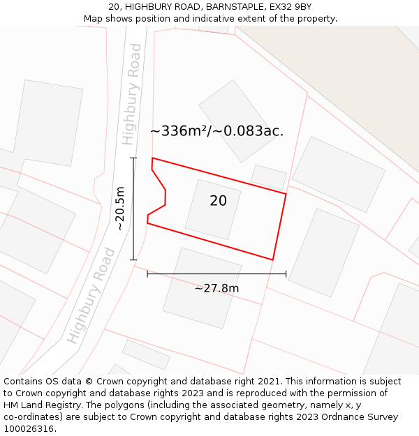 20, HIGHBURY ROAD, BARNSTAPLE, EX32 9BY: Plot and title map