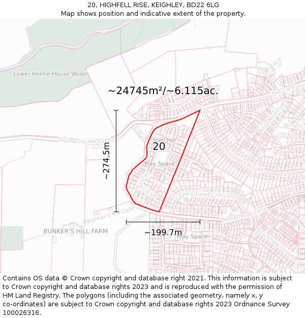 20, HIGHFELL RISE, KEIGHLEY, BD22 6LG: Plot and title map