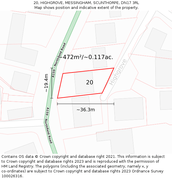 20, HIGHGROVE, MESSINGHAM, SCUNTHORPE, DN17 3RL: Plot and title map