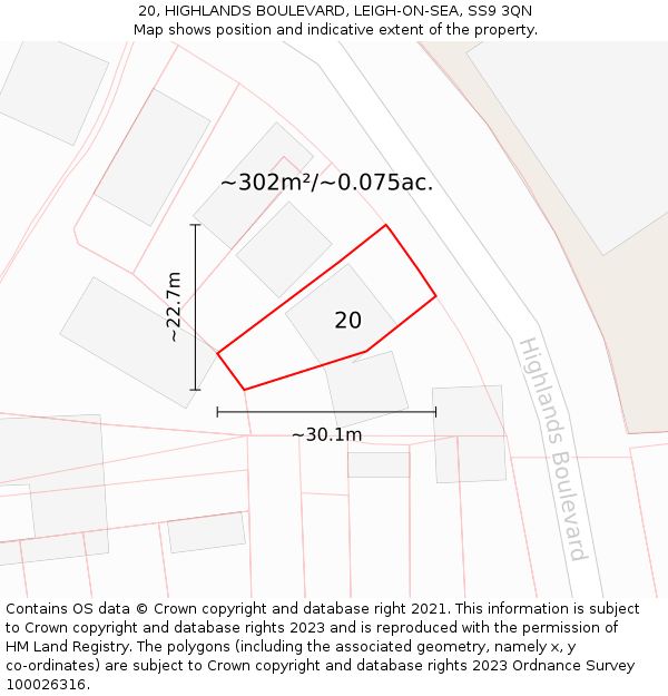 20, HIGHLANDS BOULEVARD, LEIGH-ON-SEA, SS9 3QN: Plot and title map