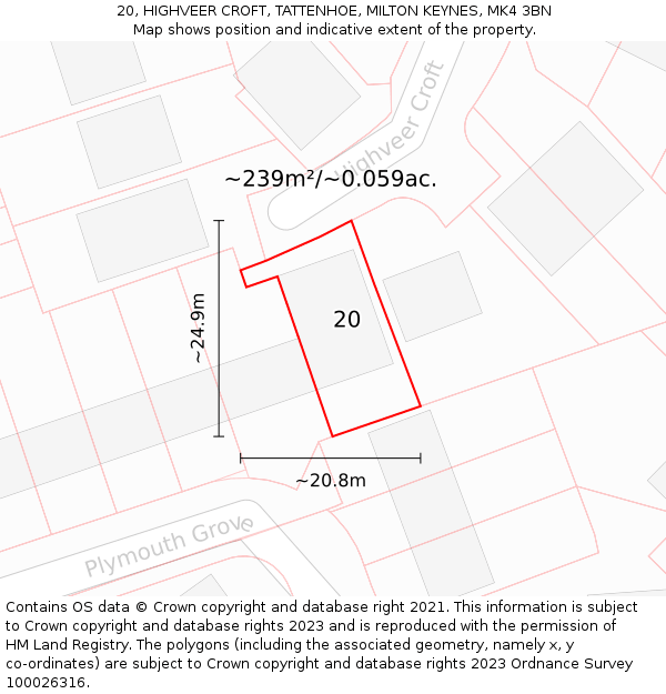 20, HIGHVEER CROFT, TATTENHOE, MILTON KEYNES, MK4 3BN: Plot and title map