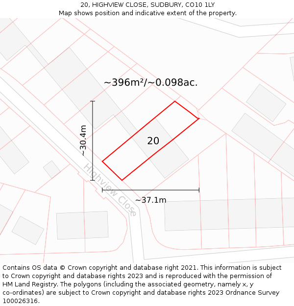 20, HIGHVIEW CLOSE, SUDBURY, CO10 1LY: Plot and title map