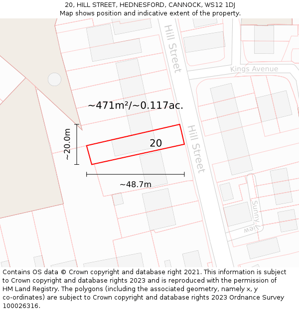 20, HILL STREET, HEDNESFORD, CANNOCK, WS12 1DJ: Plot and title map