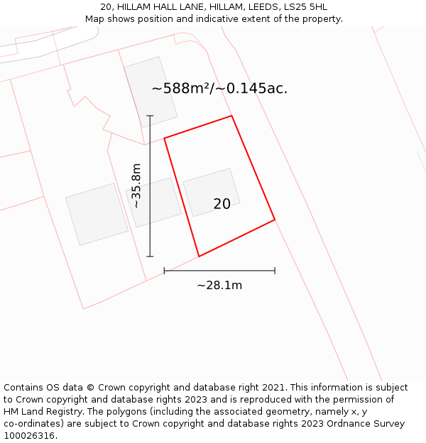 20, HILLAM HALL LANE, HILLAM, LEEDS, LS25 5HL: Plot and title map