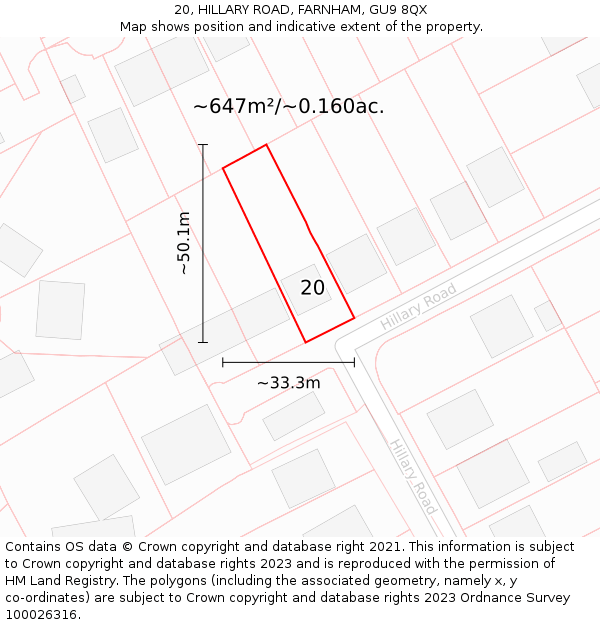 20, HILLARY ROAD, FARNHAM, GU9 8QX: Plot and title map