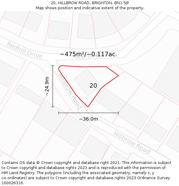 20, HILLBROW ROAD, BRIGHTON, BN1 5JP: Plot and title map