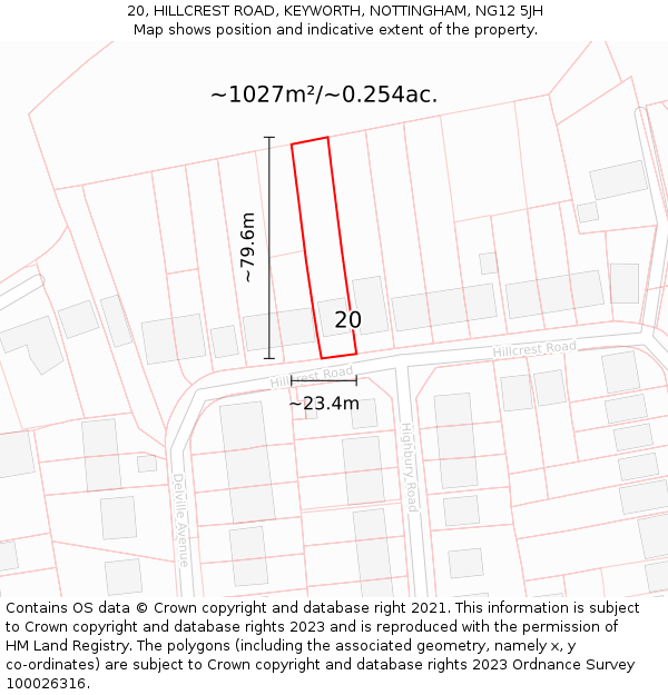 20, HILLCREST ROAD, KEYWORTH, NOTTINGHAM, NG12 5JH: Plot and title map