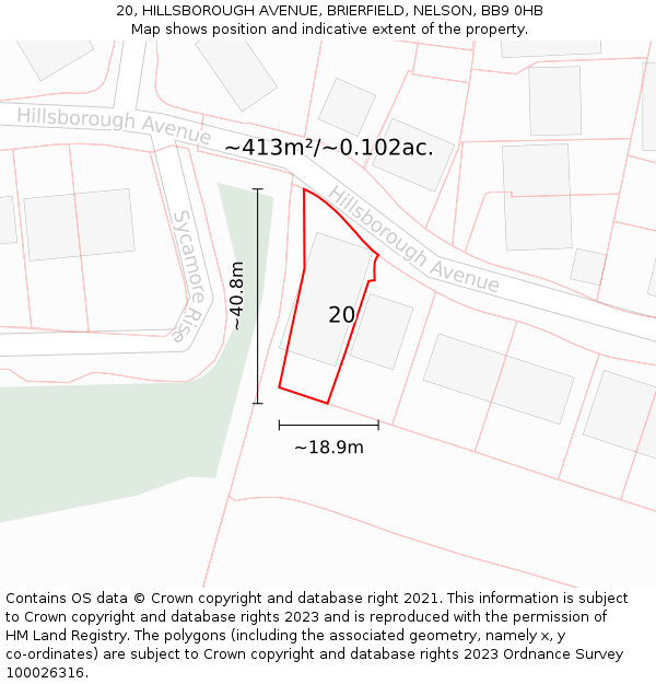 20, HILLSBOROUGH AVENUE, BRIERFIELD, NELSON, BB9 0HB: Plot and title map