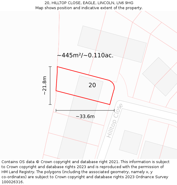 20, HILLTOP CLOSE, EAGLE, LINCOLN, LN6 9HG: Plot and title map