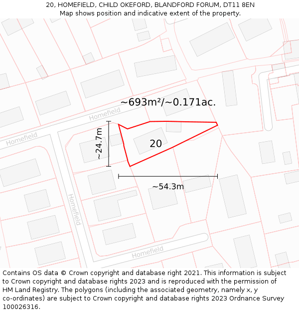 20, HOMEFIELD, CHILD OKEFORD, BLANDFORD FORUM, DT11 8EN: Plot and title map