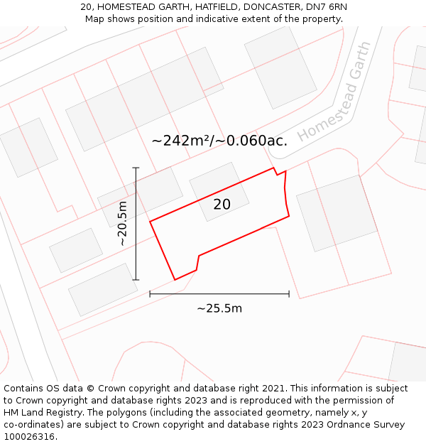 20, HOMESTEAD GARTH, HATFIELD, DONCASTER, DN7 6RN: Plot and title map