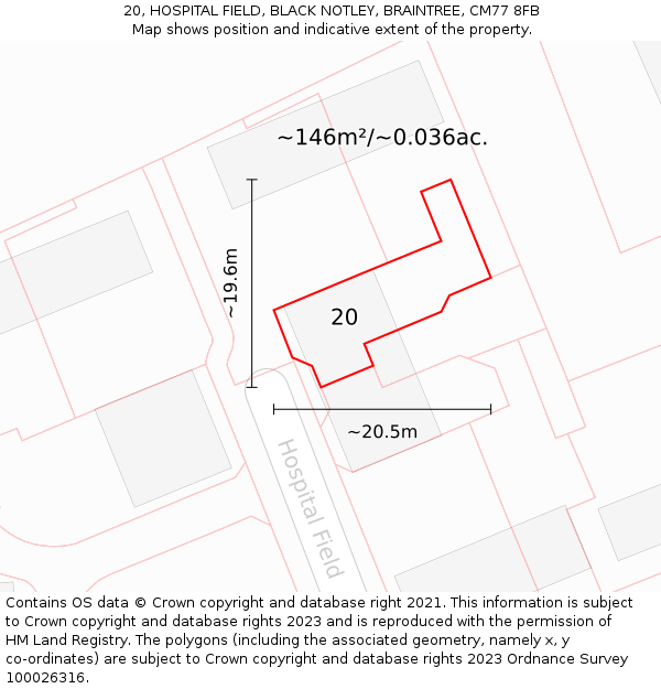 20, HOSPITAL FIELD, BLACK NOTLEY, BRAINTREE, CM77 8FB: Plot and title map