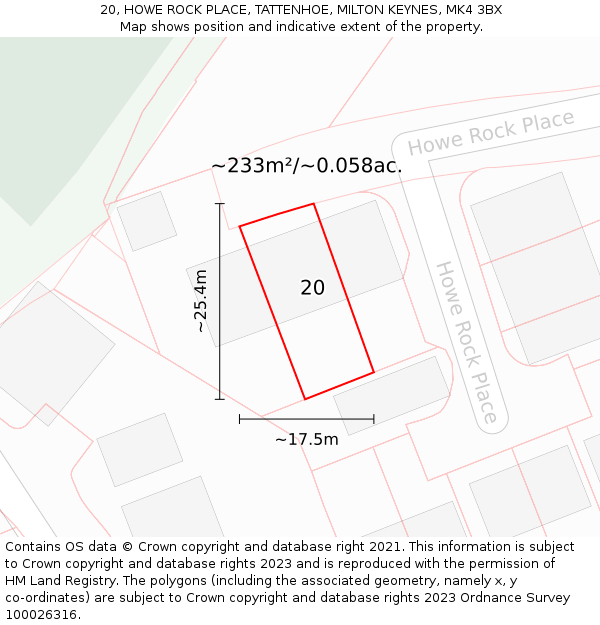 20, HOWE ROCK PLACE, TATTENHOE, MILTON KEYNES, MK4 3BX: Plot and title map