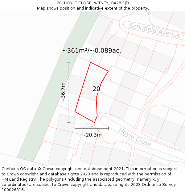 20, HOYLE CLOSE, WITNEY, OX28 1JD: Plot and title map