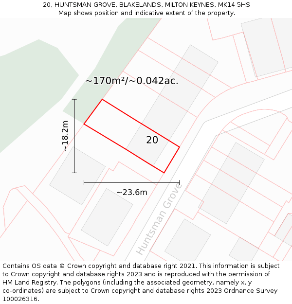 20, HUNTSMAN GROVE, BLAKELANDS, MILTON KEYNES, MK14 5HS: Plot and title map