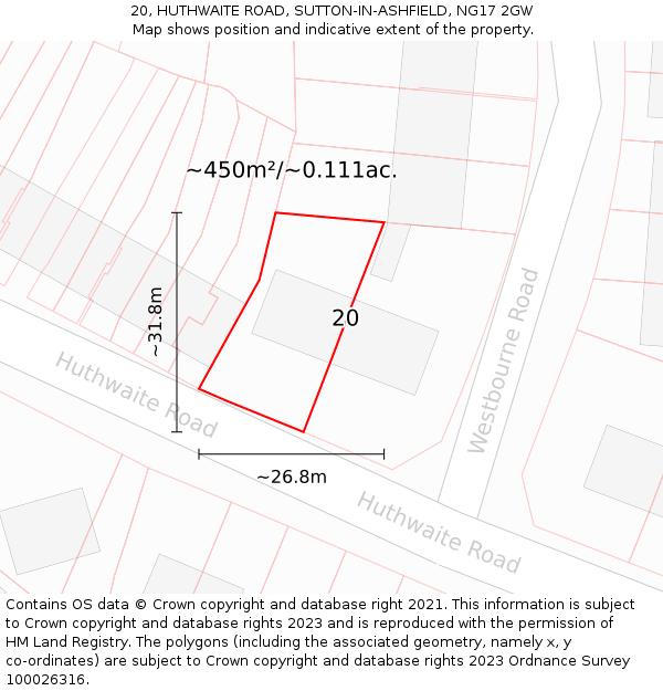 20, HUTHWAITE ROAD, SUTTON-IN-ASHFIELD, NG17 2GW: Plot and title map