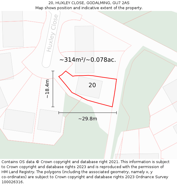 20, HUXLEY CLOSE, GODALMING, GU7 2AS: Plot and title map