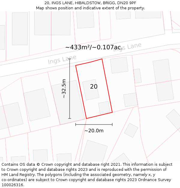 20, INGS LANE, HIBALDSTOW, BRIGG, DN20 9PF: Plot and title map