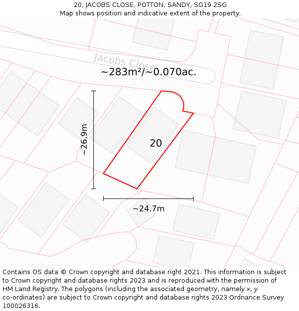 20, JACOBS CLOSE, POTTON, SANDY, SG19 2SG: Plot and title map