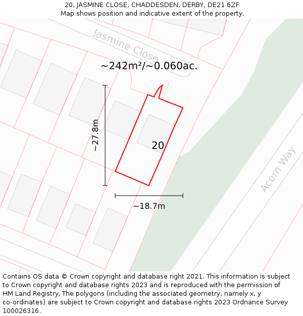 20, JASMINE CLOSE, CHADDESDEN, DERBY, DE21 6ZF: Plot and title map