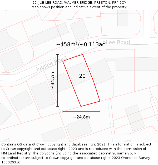 20, JUBILEE ROAD, WALMER BRIDGE, PRESTON, PR4 5QY: Plot and title map