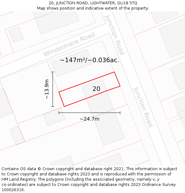 20, JUNCTION ROAD, LIGHTWATER, GU18 5TQ: Plot and title map