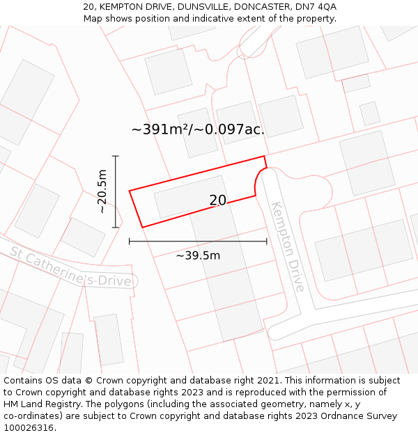 20, KEMPTON DRIVE, DUNSVILLE, DONCASTER, DN7 4QA: Plot and title map