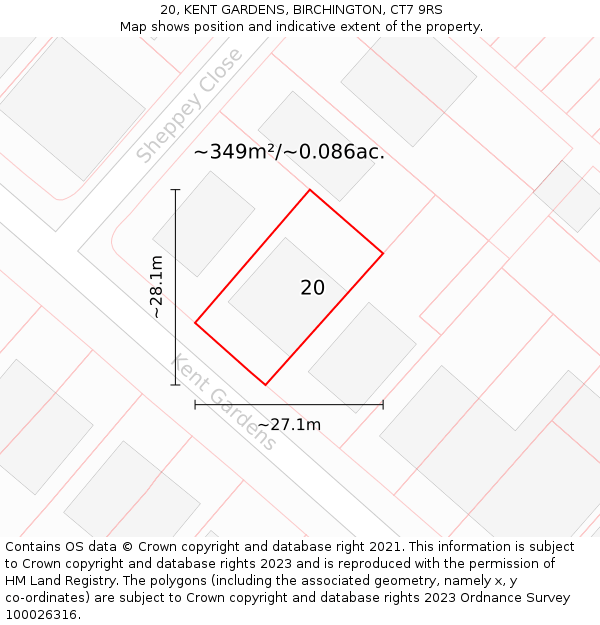 20, KENT GARDENS, BIRCHINGTON, CT7 9RS: Plot and title map