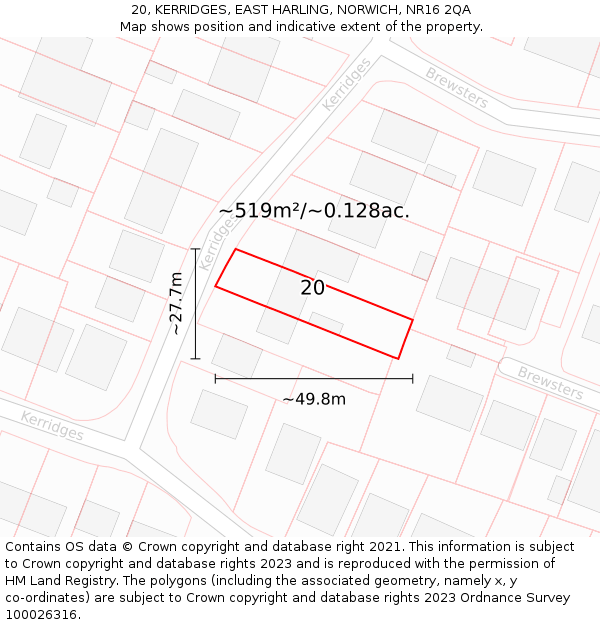 20, KERRIDGES, EAST HARLING, NORWICH, NR16 2QA: Plot and title map