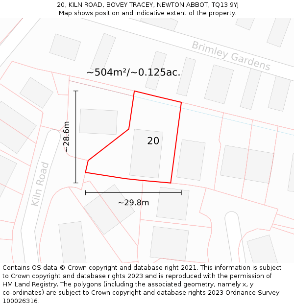 20, KILN ROAD, BOVEY TRACEY, NEWTON ABBOT, TQ13 9YJ: Plot and title map
