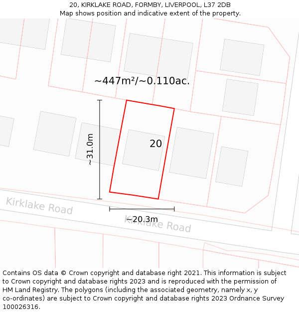 20, KIRKLAKE ROAD, FORMBY, LIVERPOOL, L37 2DB: Plot and title map