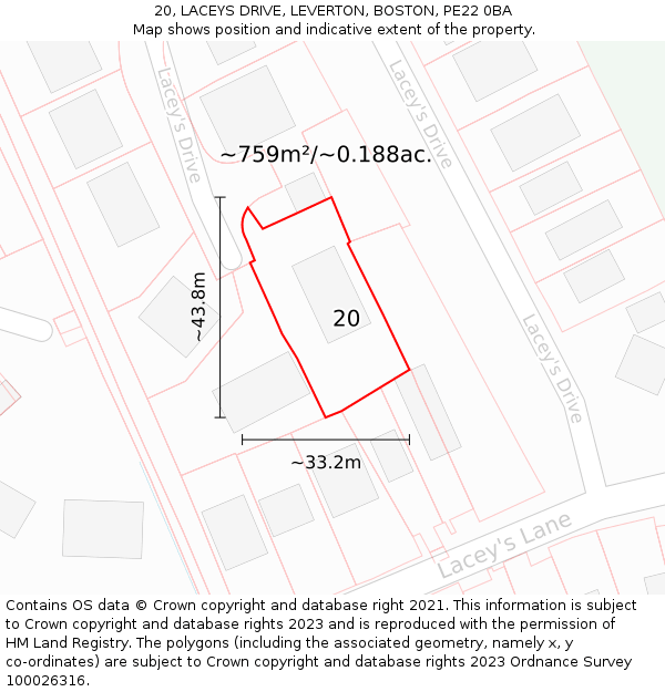 20, LACEYS DRIVE, LEVERTON, BOSTON, PE22 0BA: Plot and title map