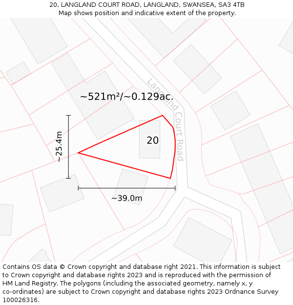 20, LANGLAND COURT ROAD, LANGLAND, SWANSEA, SA3 4TB: Plot and title map