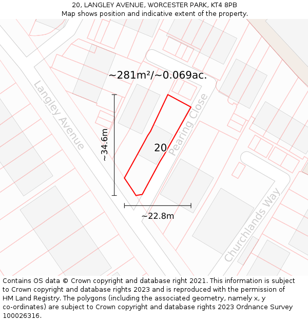 20, LANGLEY AVENUE, WORCESTER PARK, KT4 8PB: Plot and title map