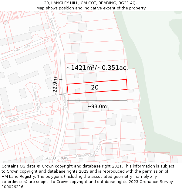 20, LANGLEY HILL, CALCOT, READING, RG31 4QU: Plot and title map