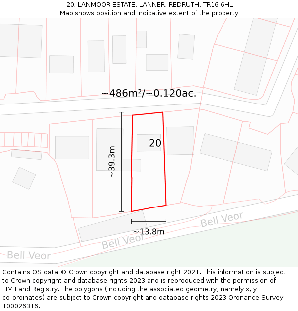 20, LANMOOR ESTATE, LANNER, REDRUTH, TR16 6HL: Plot and title map