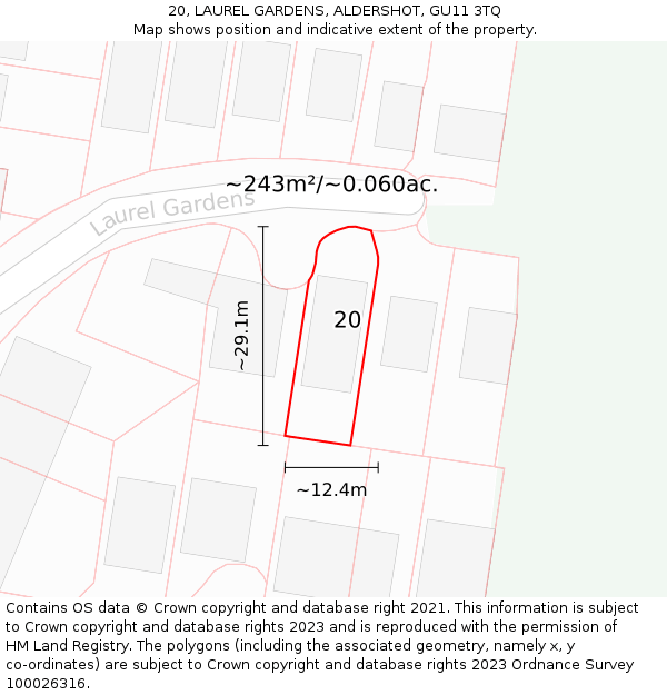 20, LAUREL GARDENS, ALDERSHOT, GU11 3TQ: Plot and title map